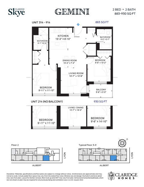 Floor plan for 2 beds, 2 baths, 883 sqft